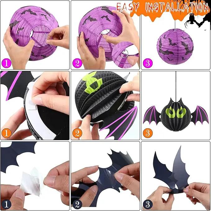 48 Pieces Halloween Decorations Paper Lanterns Pumpkin Skeleton Paper Lanterns 3D Bat Wall Stickers Spider Wall Hanging for Halloween Party Garden Bedroom Cobwebs Indoor Outdoor, 12 Inch and 8 Inch by GreenHaven Gardens