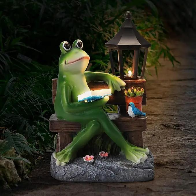 Outdoor Resin Reading Frog Statues, Solar Frog Garden Statues, Garden Frogs Outdoor Decor for Lawn, Balcony, Yard Decoration, Frog Gifts for Mom, Grandma, Wife by GreenHaven Gardens