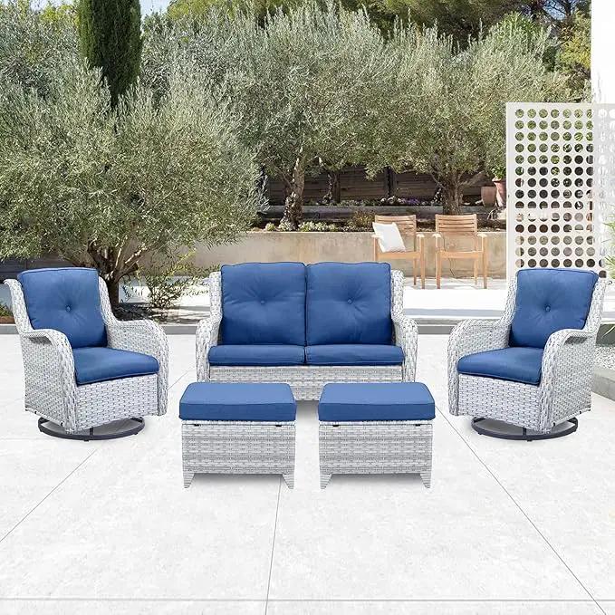 5 Piece Outdoor Patio Furniture Set - Patio Wicker Furniture Conversation Set, Outdoor Swivel Rocker Chairs with Loveseat Sofa and 2 Ottomans for Small Space, Blue Cushion by GreenHaven Gardens
