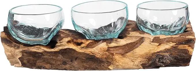 Cape Craftsmen Set of 3 Terrariums | Hand-Blown Blue Tinted Bubble Glasses On Natural Teak Driftwood Terrarium | Home Décor Indoor Planter with Stand | Glass Clear Pots for Succulent and Plants by GreenHaven Gardens