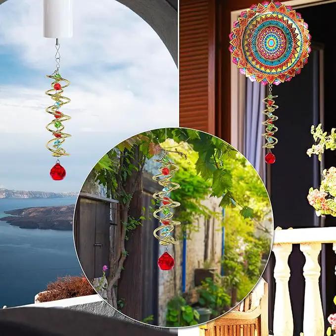 FONMY Gazing Ball Spiral Tail -Decorative Wind Spinner Sun Catcher Rainbow Maker Golden Double-Spiral W/Red Crystal Ball and Chain Crystals Beads for Indoor Outdoor Garden Decoration -14 inch Height by GreenHaven Gardens