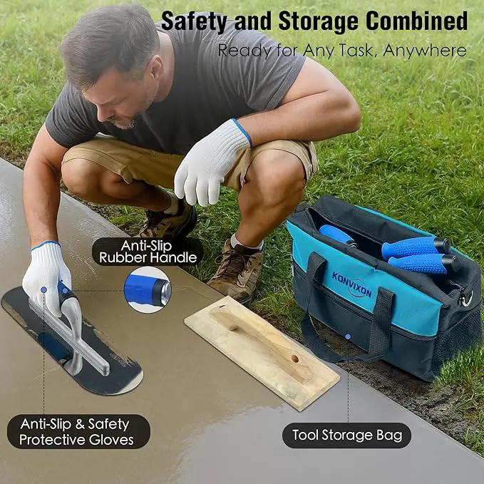 10PCS Concrete Trowel Set, Masonry Hand Tool Set Includes Large Flat Finishing and Pool Trowel, Wood Float, Concrete Edger and Groover, Margin Gauging, Wire Twister, Gloves & Carry Bag by GreenHaven Gardens