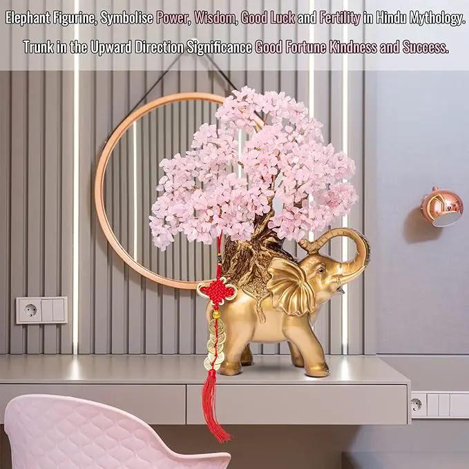 Rose Quartz Crystal Money Tree on Gold Elephant Statue, 17”Large Gemstone Bonsai Tree of Life Home Décor Gifts for Wealth Positive Energy, Feng Shui Décor by GreenHaven Gardens