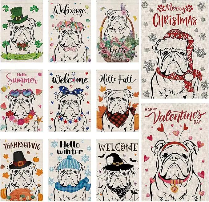 Seasonal Garden Flags English Bulldog Dog Double Sided Flags Set of 11 Holiday Farmhouse Indoor Outdoor Yard Lawn Christmas Gifts Decorations 12.5x18 Inch by GreenHaven Gardens