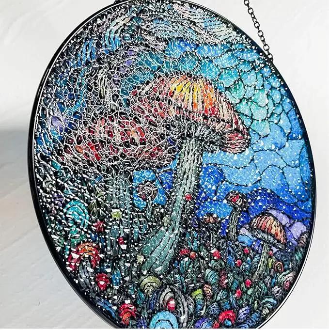 Stained Glass Window Hanging - 7.8‘’ "Enchanted Forest Mushroom Suncatcher for Home and Office Décor Sun Catcher Circular Artwork by GreenHaven Gardens