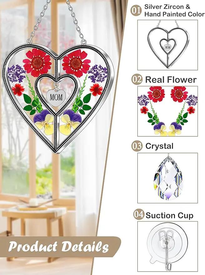 KY&BOSAM Heart Suncatcher Mom Gift Ornament Stained Glass Panles Hangings for Windows Sun Catcher with Pressed Flower Heart in Glass Birthday Gifts for Women Mother`s Day Christmas Home Garden Decor by GreenHaven Gardens