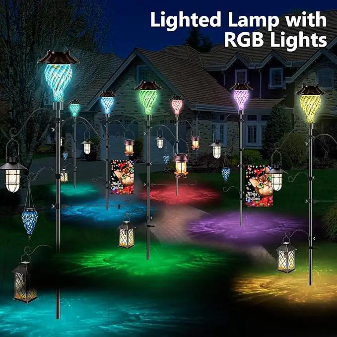Solar Shepherds Hooks with Hand Blown Glass Lamp, Decorative RGB Lights, 4 Hooks & 1 Flag Holder, Heavy Duty Pole for Hanging Hummingbird Feeder, Bird Feeder, Wind Chime, Plant, Lantern (Teal) by GreenHaven Gardens