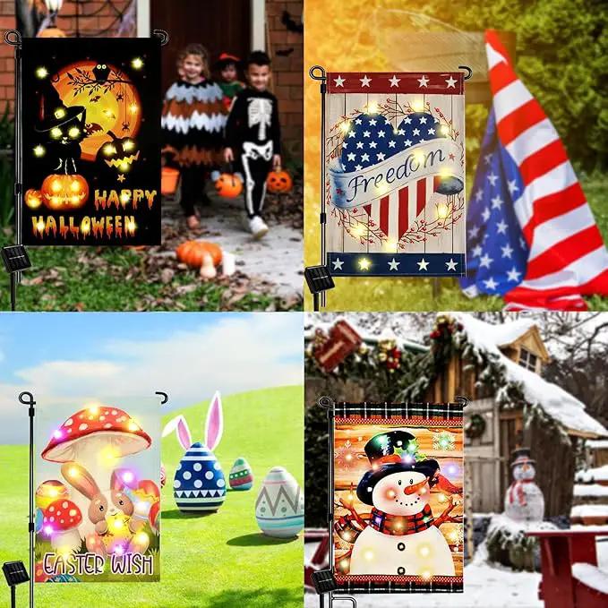 Solar Seasonal Garden Flags Set of 12, Lighted 12×18 Double-Sided Yard Flags for Outside Halloween Christmas Fall Thanksgiving Day Decorations Welcome Flag Outdoor Holiday Decor by GreenHaven Gardens
