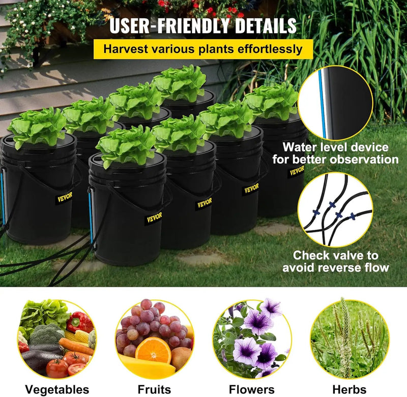 VEVOR DWC Hydroponic System, 5 Gallon 8 Buckets, Deep Water Culture Growing Bucket, Hydroponics Grow Kit with Pump, Air Stone and Water Level Device, for Indoor/Outdoor Leafy Vegetables by GreenHaven Gardens