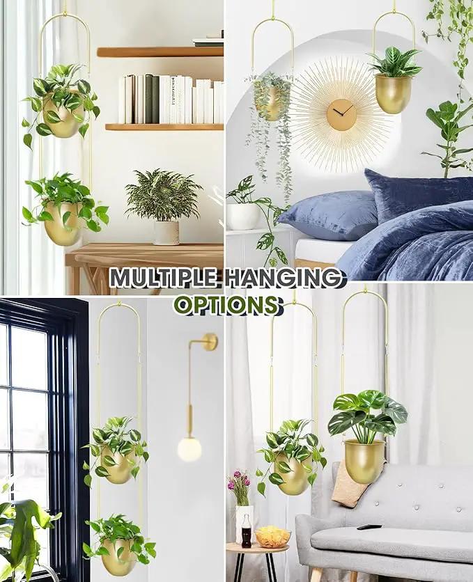 AceList Gold Hanging Planter Set of 2-5.51 Inch Hanging Planters for Indoor Plants, Home, Balcony, Garden, and Patio - Window Hanging Planters with Hemp Rope by GreenHaven Gardens