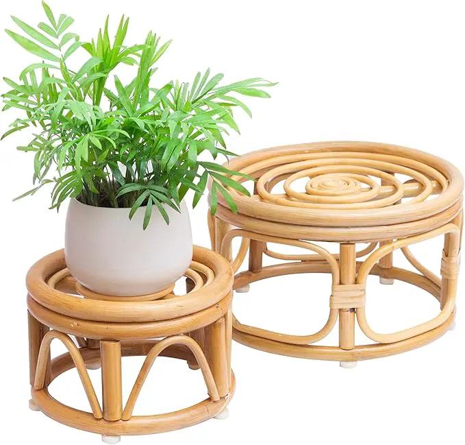 Set of 2 Boho Rattan Woven Round Decorative Risers Plant Stands Indoor, Mid Century Minimalist Modern Plant Stand, Wicker Short Plant Stand Holder Suitable Fits 8'' and 12'' Pots by GreenHaven Gardens