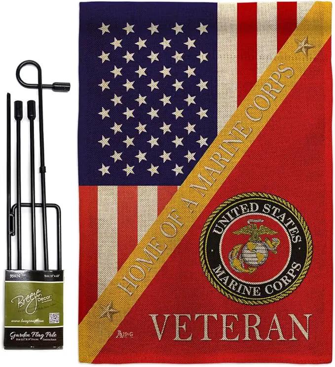 Home of Marine Corps Burlap Garden Flag - Set with Stand Armed Forces USMC Semper Fi United State American Military Veteran Retire Official House Banner Cemetery Yard Rememberance Veterans Day Gifts by GreenHaven Gardens