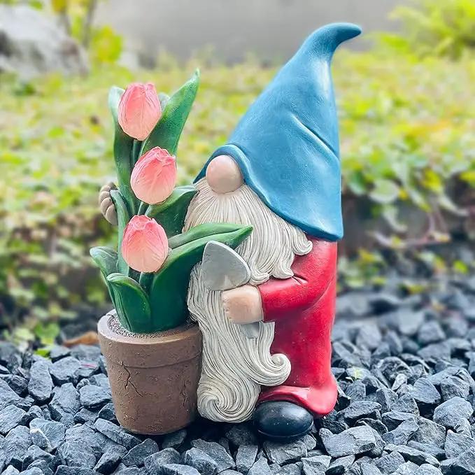 Garden Gnome Statue, Sculpture of a Dwarf Holding a Shovel and a Flower Pot, Solar Gnome Statues Outdoor Decor, Outside Lawn Patio Yard Ornament Gifts by GreenHaven Gardens