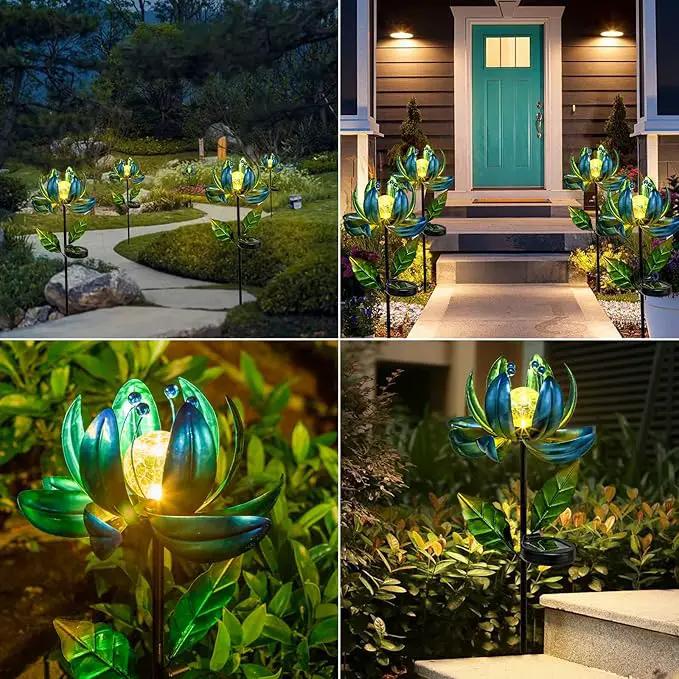 Huaxu Solar Outdoor Lights 35.4In Garden Decor Flower Wind Spinners,Waterproof LED Crackle Glass Globe Blue Lotus Art Metal Stake for Lawn Patio Pathway Yard Porch Driveway Decorations Gift by GreenHaven Gardens
