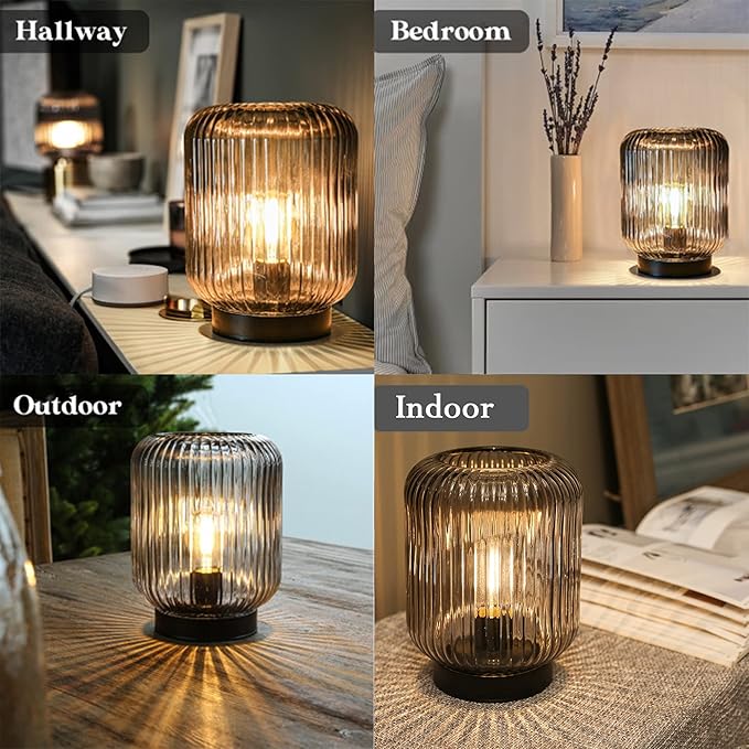 Battery Operated Lamp, Cordless Table Lamps for Home Decor, Battery Powered Nightlight with LED Bulb, Decorative Glass Beside Lamp for Bedroom Living Room-Grey by GreenHaven Gardens