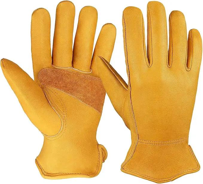OZERO Leather Work Gloves Flex Grip Stretchable Tough Cowhide Work Gloves 1 Pair (Gold, Medium) by GreenHaven Gardens