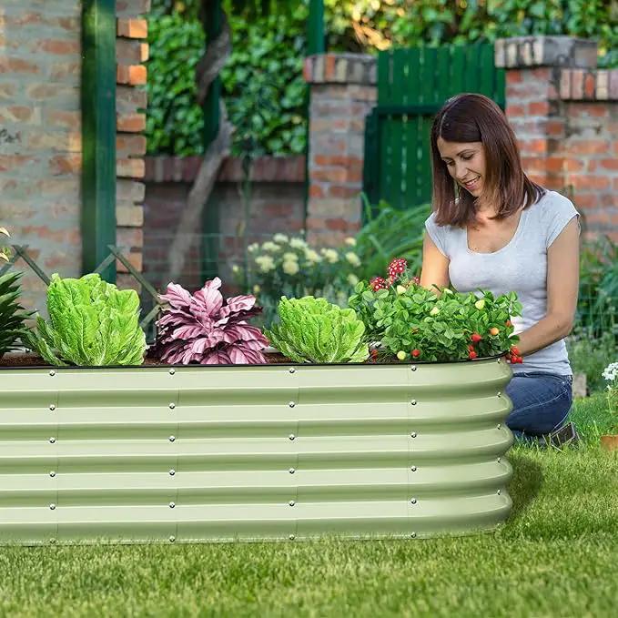 Oval 8x2x1.5 FT Galvanized Raised Garden Bed Kit, 31 in 1 Large Metal Planter Box for Outdoor Gardening, 18” Garden Bed for Vegetables Flower Herb(Sage Green) by GreenHaven Gardens