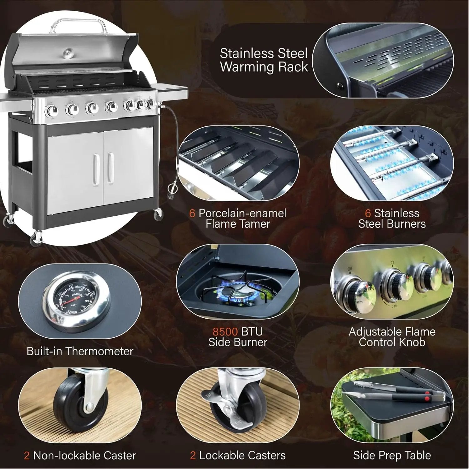 Sophia & William 6-Burner Propane Gas BBQ Grill with Side Burner & Porcelain-Enameled Cast Iron Grates, Stainless Steel Barbecue Grills Outdoor Cooking for Outside, 665 SQ.IN. Cooking Area, 65,800BTU by GreenHaven Gardens