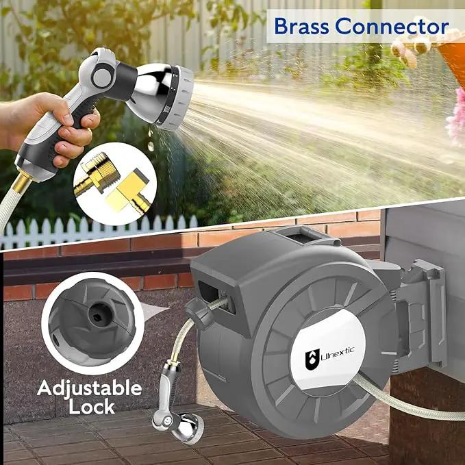 Retractable Garden Hose Reel, 1/2 in x 125 ft Wall Mounted Hose Reel, 10-Pattern Spray Nozzle, Any Length Lock/Slow Return System/Wall Mounted/180°Swivel Bracket by GreenHaven Gardens