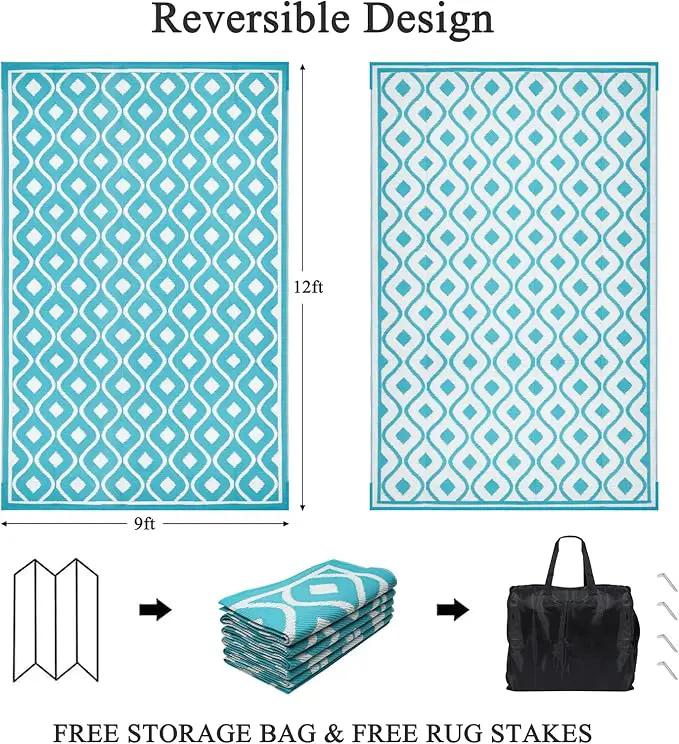 Pauwer Waterproof Outdoor Rug 9x12, Reversible Plastic Straw Patio Camping Rug, Indoor Outdoor RV Mat Carpet for Deck, Camper, Porch, Balcony, Backyard, Picnic, Geometric Teal by GreenHaven Gardens