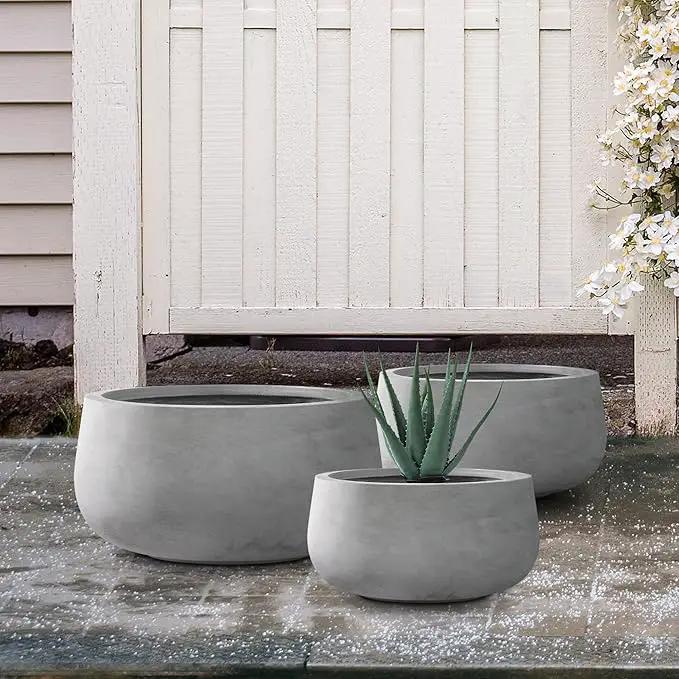 Kante 19.6",15.7",11.8" Dia Round Concrete Planters Set of 3, Outdoor Indoor Garden Plant Pots with Drainage Hole and Rubber Plug, Modern Curvaceous Design, Natural Concrete by GreenHaven Gardens