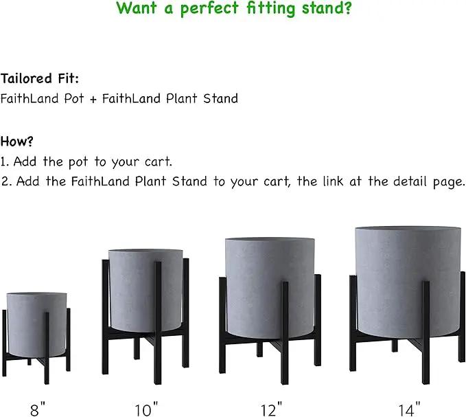 FaithLand Plant Pot 14 inch - Perfectly Fits Mid-Century Modern Plant Stand - Drainage Plug and Drainage Mesh Screen - Gray Planter Pot. by GreenHaven Gardens