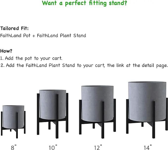 FaithLand Plant Pot 12 inch - Perfectly Fits Mid-Century Modern Plant Stand - Drainage Plug - Gray Planter Pot by GreenHaven Gardens