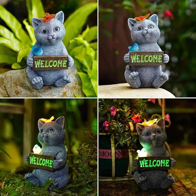 Goodeco Solar Cat with Welcome Sign - Outdoor Cat Statue with Solar Butterfly & Bird Lights - Perfect Cat Decor for Cat Lovers, Ideal Housewarming Gifts for Women & Moms (Gray) by GreenHaven Gardens