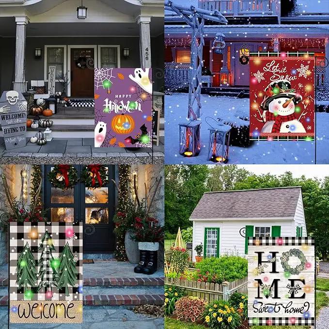 Lighted Seasonal Garden Flags Set of 12 Double Sided 12 x 18 Inch LED Yard Flags, Small Flags for Outside, Fall Winter Halloween Christmas Outdoor Flags,Solar Holiday Garden Flags for All Seasons by GreenHaven Gardens