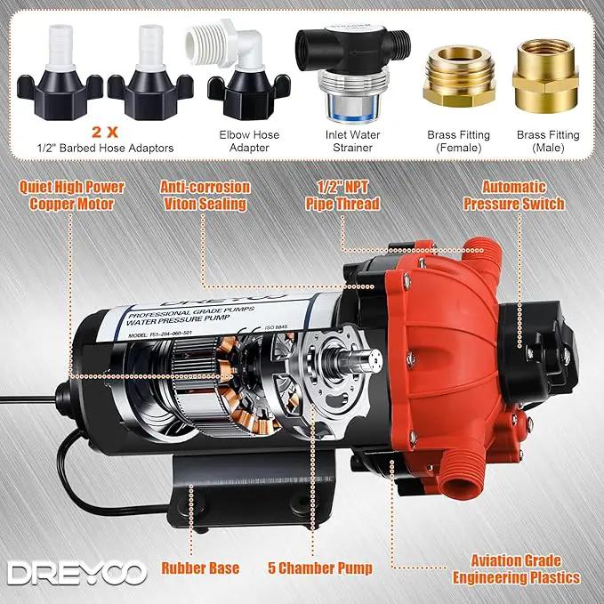 Dreyoo Water Diaphragm Pump, 115V AC, 5.5 GPM, 60 PSI Rated Pressure, 1/2" Threaded MNPT Self Priming Diaphragm Pressure Pump with Pressure Switch for Home, RV, Garden Agricultural Irrigation (Orange) by GreenHaven Gardens
