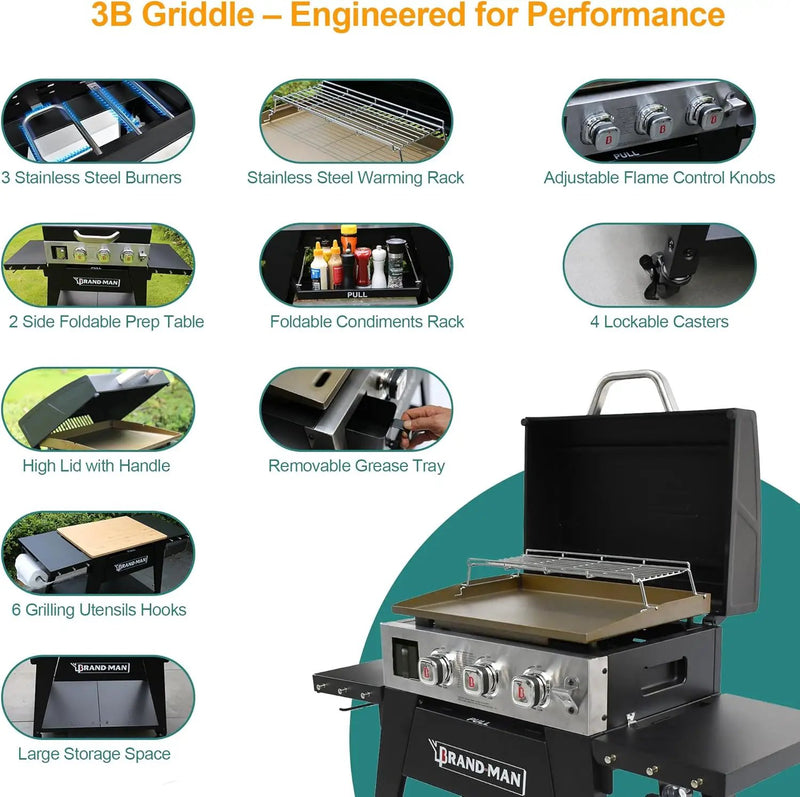 Brand-Man 3-Burner Portable Propane Gas Griddle with Lid - 28,000 BTU Flattop Griddle Grill, 504 Sq. In., Folding Side Tables, Rolling Cart for Outdoor BBQ, Camping, Patio by GreenHaven Gardens