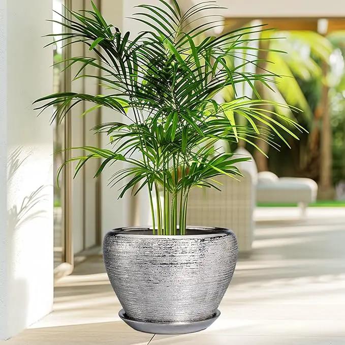 Flower Pot for Indoor Plants - Ceramic Planter 10 Inch Plant Pot with Drainage Hole and Saucer Large Decorative Planter Outdoor Mid-Century Planter for House Silver by GreenHaven Gardens