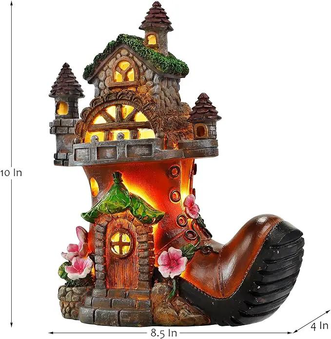FORUP 10 Inch Fairy House Garden Statues with Boots, Fairy Garden Decor House Kit, Solar Powered Lights Garden Figurine for Outdoor Patio Lawn Yard Garden Decorations by GreenHaven Gardens