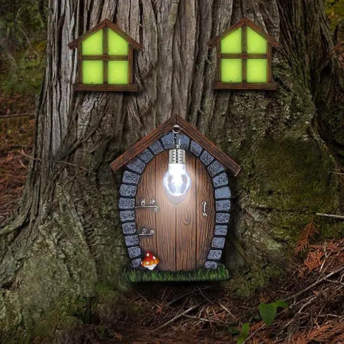 Juegoal Fairy Gnome Home Miniature Window and Door with Litter lamp for Trees Decoration, Glow in Dark Fairies Sleeping Door and Windows, Yard Art Garden Sculpture, Lawn Ornament Decor by GreenHaven Gardens