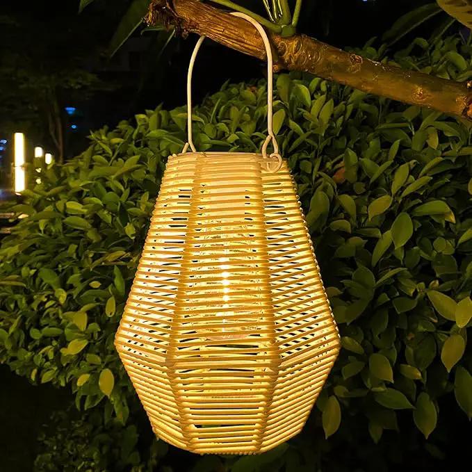 Outdoor Solar Lantern Hanging Decorative Rattan Lanterns with Handle White Large Solar Table Lamp Waterproof for Patio Garden Wedding Home Decor by GreenHaven Gardens