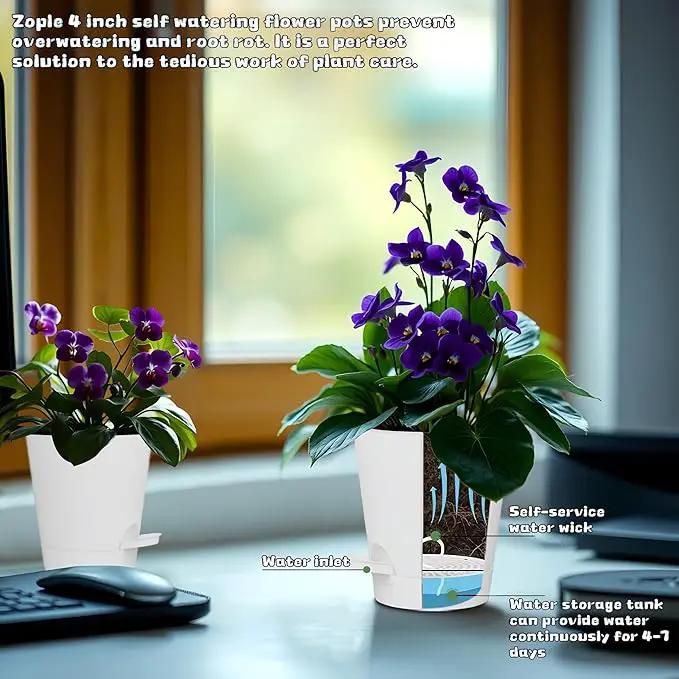 12 Pack 4 Inch Self Watering Plant Pots with Drainage and Saucers，Plastic Flower Pots for Indoor and Outdoor Plants, Nursery Planters for Houseplants and Herbs White, 4 inch 12pcs by GreenHaven Gardens