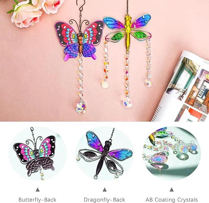 YU FENG Set 2 Suncatchers with Crystals,Stained Glass Butterfly Dragonfly Sun Catchers Window Garden Hanging Decoration Ornament,Prism Rainbow Maker Pendant by GreenHaven Gardens