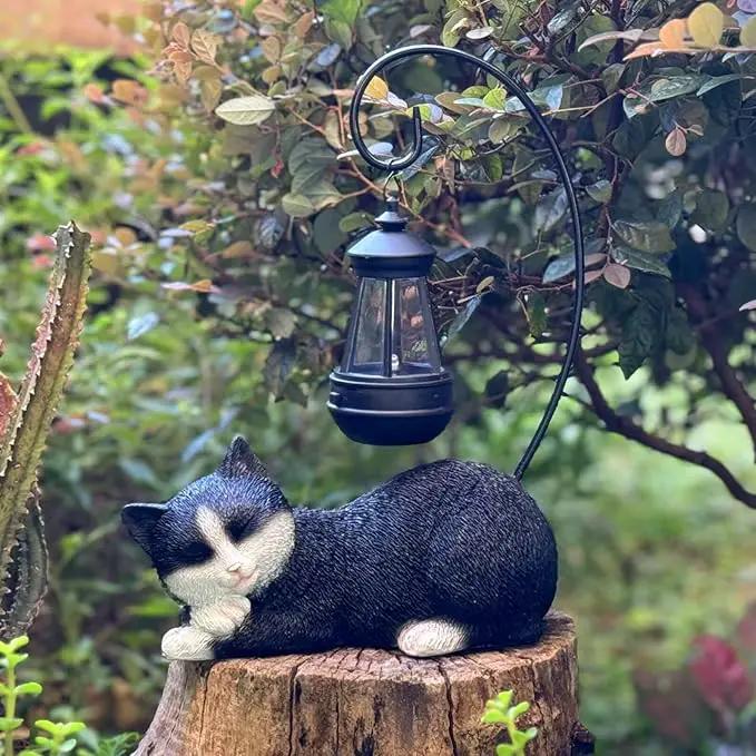 Solar Cat Statues with Lantern for Garden Outdoor Statue, Garden Lawn Outdoor Cat Statue, Cat Figurines Crafted Garden Sculptures & Statues for Patio, Yard, Lawn & Porch Gardening Gifts for Mom(13") by GreenHaven Gardens