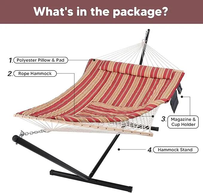 SUNCREAT Hammocks Portable Hammock with Stand, Hammock with Stand 2 Person Heavy Duty for Bedroom, Backyard, Patio, Balcony, Red Stripe by GreenHaven Gardens