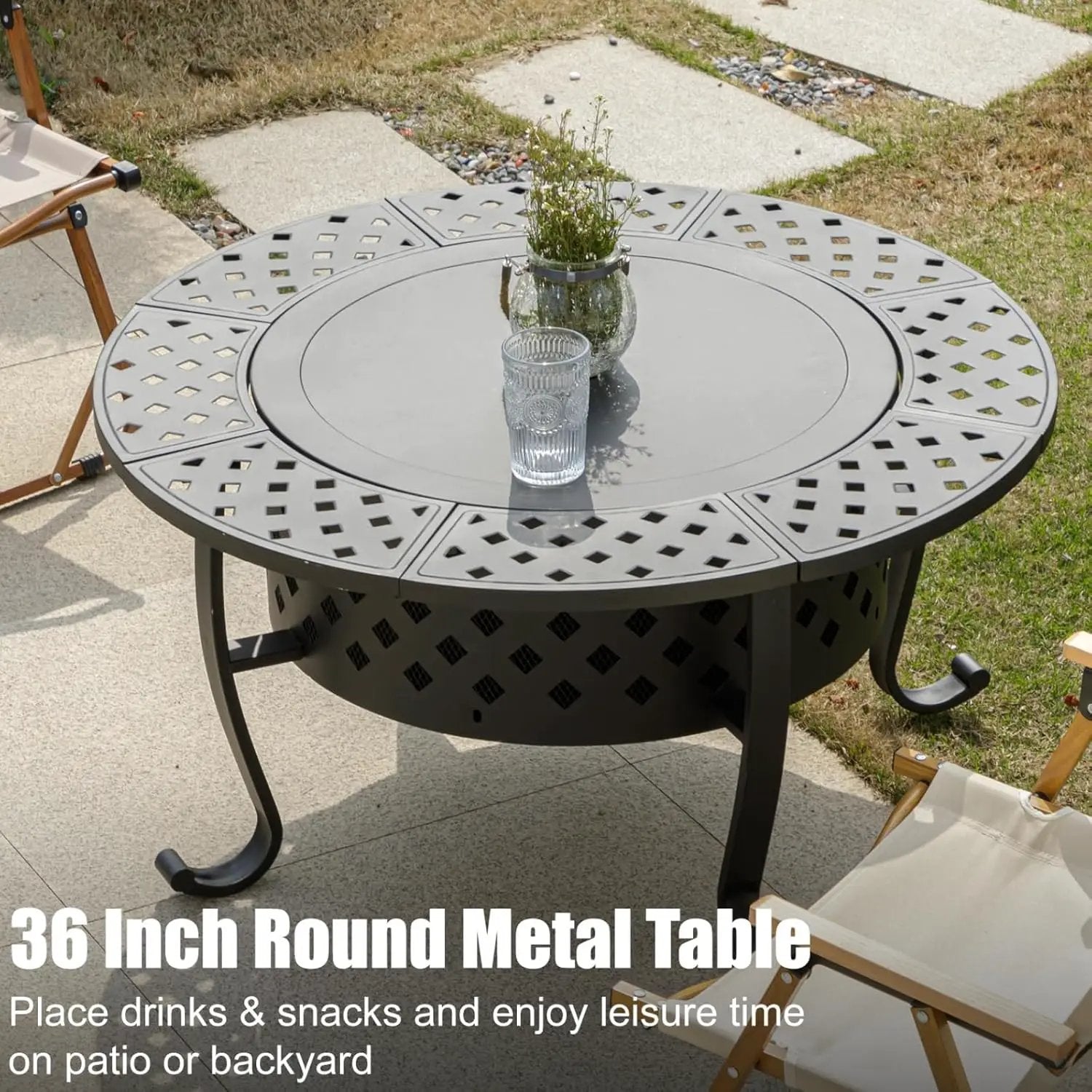 36 Inch Fire Pit with 2 BBQ Grills, Wood Burning Fire Pits for Outside with Lid & Fire Poker, BBQ& Outdoor Firepit & Round Metal Table 3 in 1 for Patio, Picnic, Party by GreenHaven Gardens