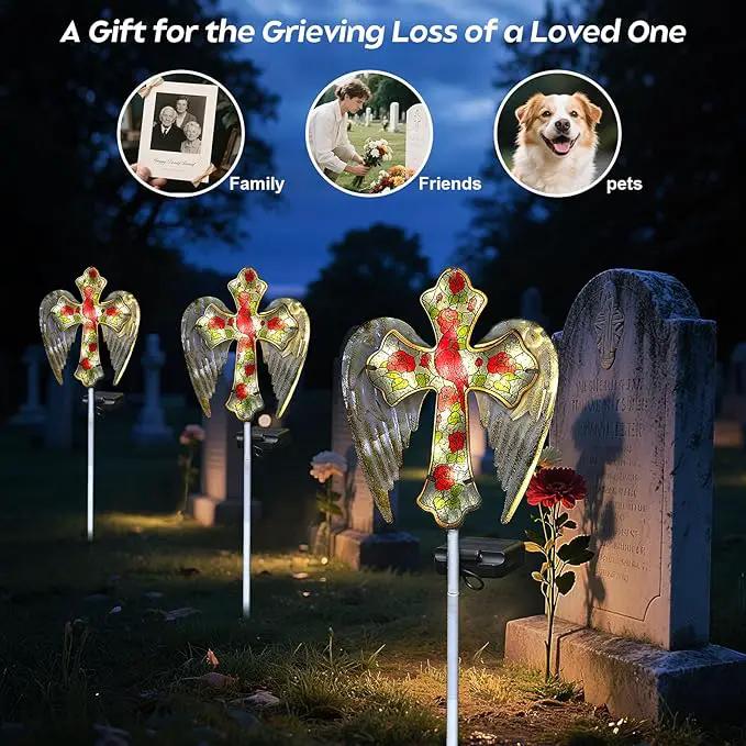 Solar Cross Garden Lights, Solar Cardinal Stake Lights Cemetery Decorations for Grave, Jesus Cross Sympathy Memorial Gifts for Mother Grandma, Glass Garden Art for Yard Lawn Patio Decor by GreenHaven Gardens