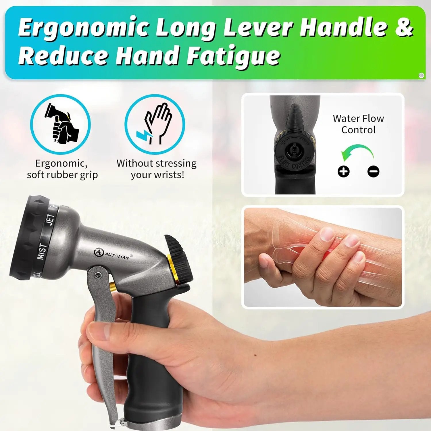 AUTOMAN Garden Hose Nozzle - 2 Pack, 100% Metal High Pressure Spray Nozzle, Labor-Saving Design, Heavy Duty for Garden Watering, Car Washing, Window Cleaning, Pets Bathing by GreenHaven Gardens