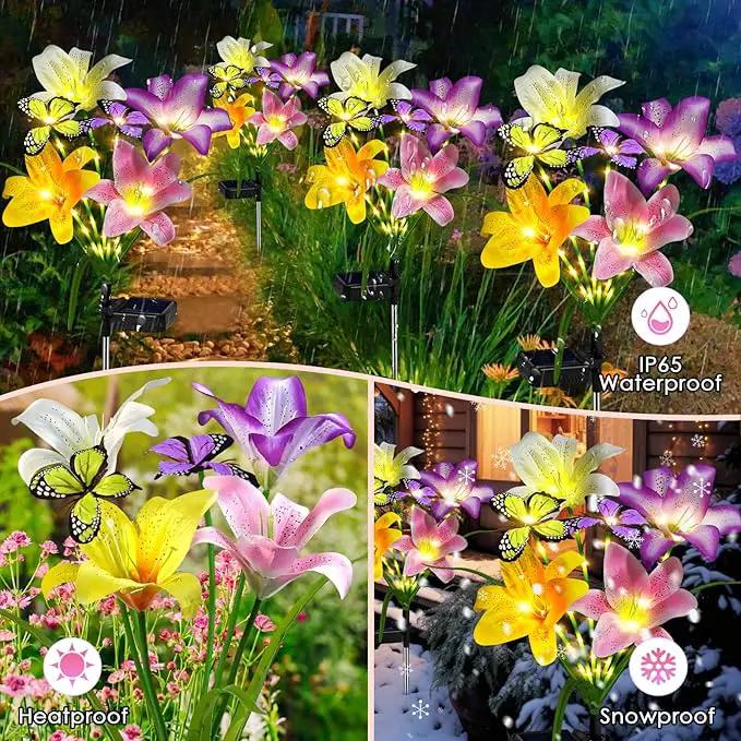 Solar Garden Lights Outdoor, 4 Pack Flower Lights for Outside, 16 Solar Lilies with Butterflies, Waterproof Garden Decor for Yard, Patio, Gifts for Women Mom (4 pcs Lilies) by GreenHaven Gardens