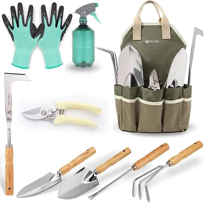 Gardening Tools Set of 9 Garden Hand Tools with Wooden Handles with Garden Bag for Tools Durable Hand Tools for Gardening,Weeding,Ideal Gifts for Women,Men,Parents and Grandparents by GreenHaven Gardens