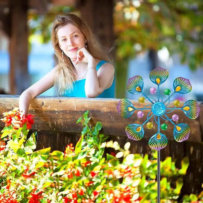 Peacock Wind Spinner Outdoor, Standing Wind Sculpture Yard Art Decorations, Metal Windmill for Patio Lawn & Garden Decor (1pcs-Blue Green) by GreenHaven Gardens