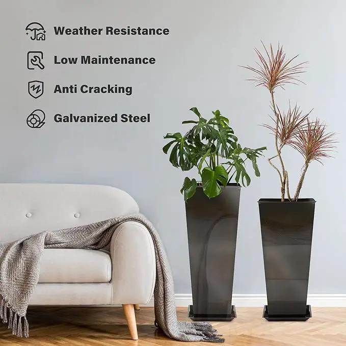 KOL 25'' & 28'' Tall Glazed Planter with Saucer, Set of 2, Galvanized Steel Planter Metal Pots for Indoor & Outdoor Use, Decorative Flower Plant Pots with Drainage Hole for Porch, Patio, Deck - Black by GreenHaven Gardens