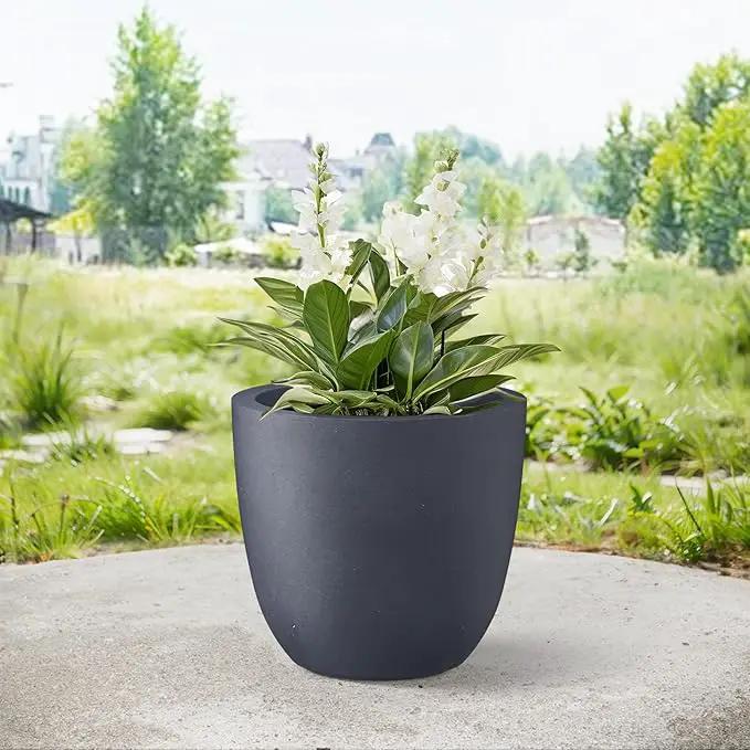 Kante 14 Inch Dia Round Concrete Planter, Indoor Outdoor Large Plant Pot with Drainage Hole and Rubber Plug for Home Patio Garden, Dark Gray by GreenHaven Gardens