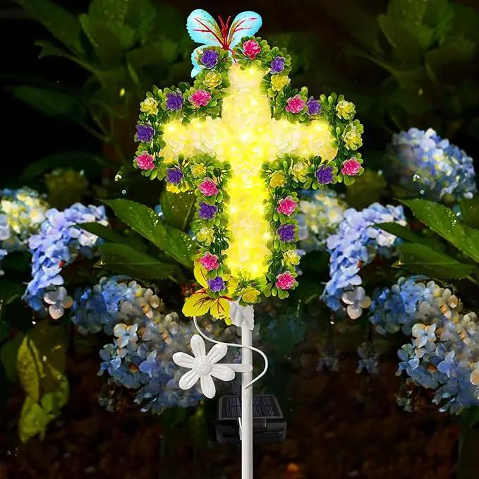 YJFWAL 1 Pack Solar Flowers Cross Garden Stake Lights, Yard Solar Lights Cemetery Decorations For Grave Outdoor Light Jesus Cross Sympathy Memorial Gift For Grandma, Garden Lawn Patio Pathway Deco by GreenHaven Gardens