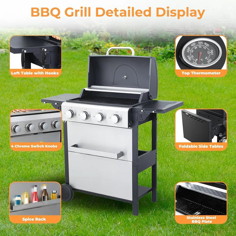 4 Burner Propane Gas Grill with Spice Rack, Foldable Side Tables, Durable Lid, Stainless Steel Burners, Built-in Thermometer, 34,200 BTU Gas Grill for Patio, Garden BBQ by GreenHaven Gardens
