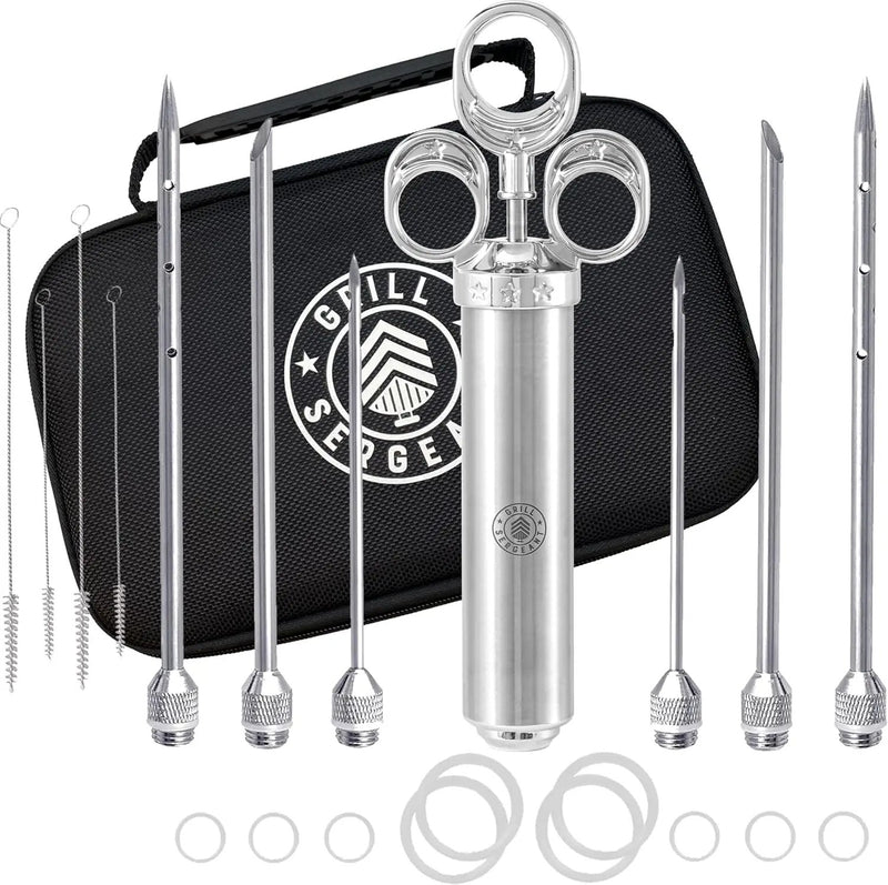 GRILL SERGEANT Professional Meat Injector, Marinade Syringe Set, Forever Guarantee, Zippered Storage & Travel Case, 304 Stainless Steel, No Aluminum, 6 Needles, 2.5 oz Capacity, 4 Cleaning Brushes by GreenHaven Gardens